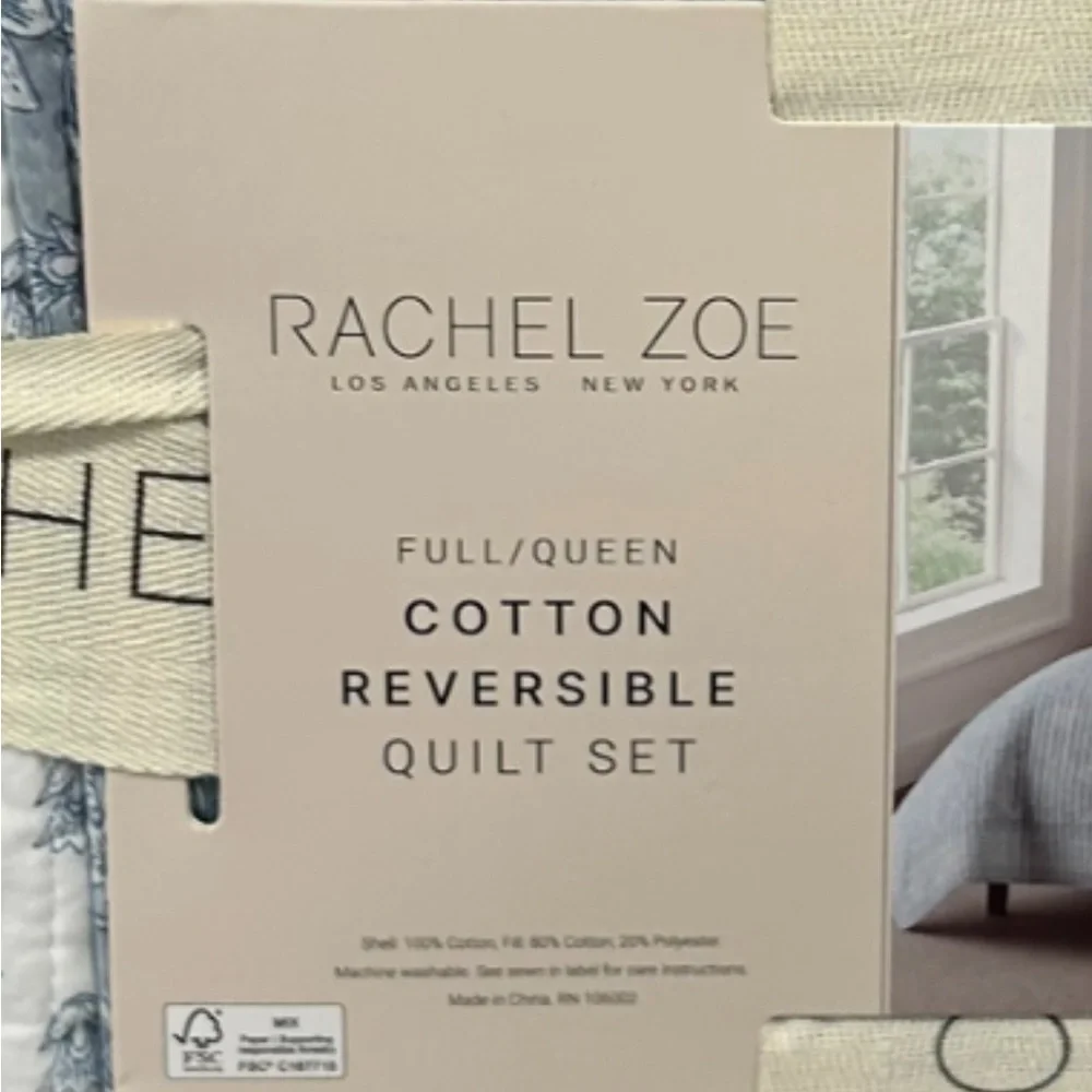 Rachel Zoe Blue and White Full/Queen Cotton Reversible Quilt Set 88”x92”